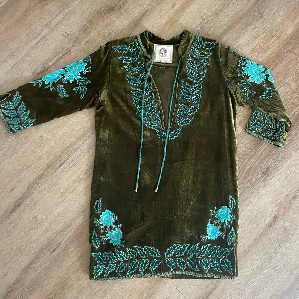 Chasing Unicorns Olive Green Dress with Teal Embroidery
